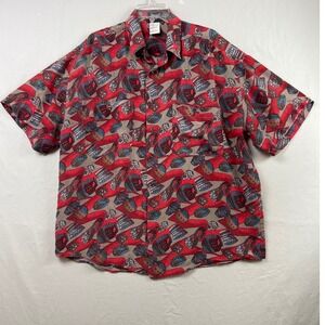 Vintage Impact Button Front Shirt Men Large Red Abstract Geometric 100% Silk